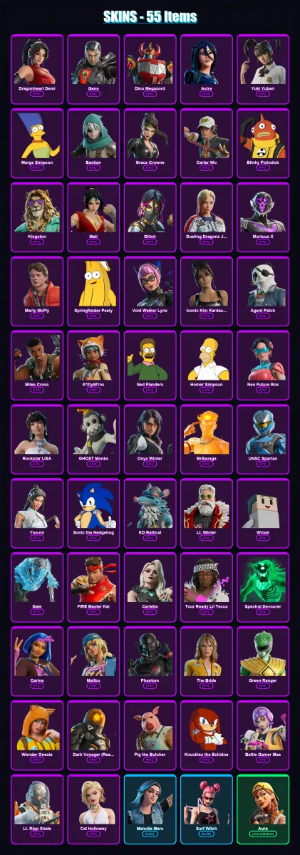 [PC/XBOX/PSN] | Dragonheart Demi | Geno | Dino Megazord | Astra | Yuki Yubari | 55 skin | 105 pickaxe | 51 emote | 59 glider | Lv1237