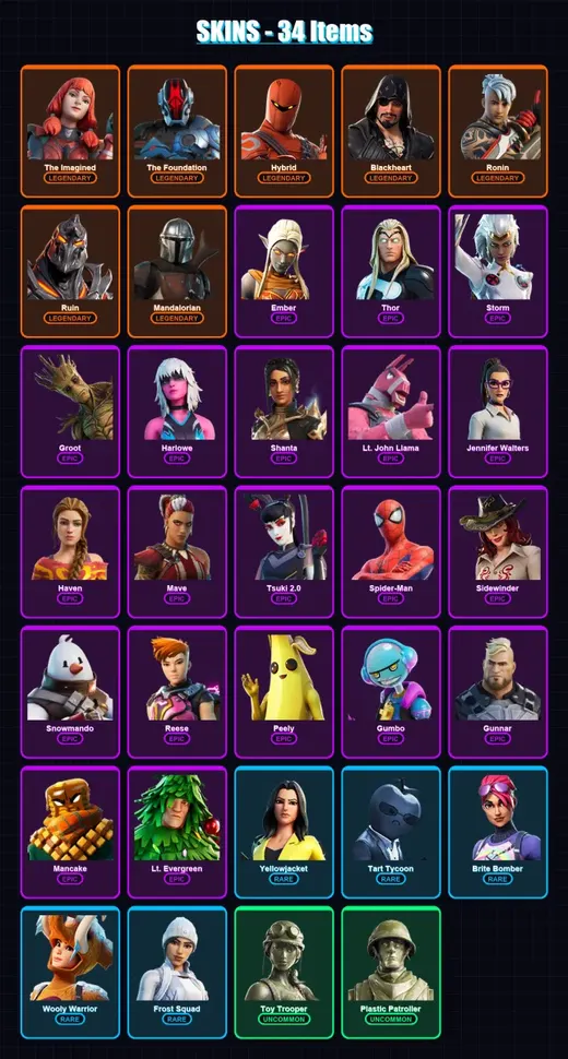 [PC/XBOX/PSN] | The Imagined | The Foundation | Hybrid | Blackheart | Ronin | 34 skin | 40 pickaxe | 33 emote | 41 glider | Lv701