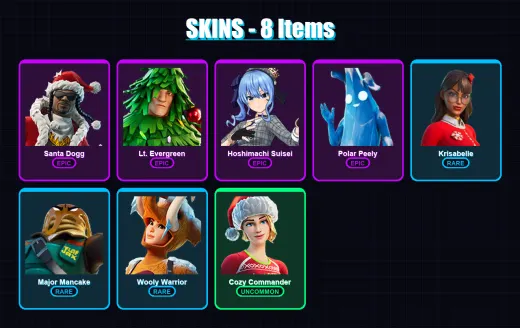 [PC/XBOX/PSN] | Santa Dogg | Lt. Evergreen | Hoshimachi Suisei | Polar Peely | Krisabelle | 8 skin | 15 pickaxe | 12 emote | 15 glider | Lv232