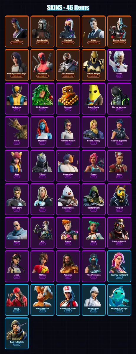 [PS4/PS5/XBOX/PC] | Fade | Mandalorian | Catalyst | Midas | Eternal Knight | 46 skin | 44 pickaxe | 39 emote | 51 glider | Lv752