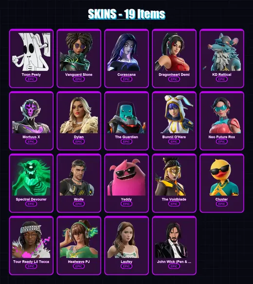 [PS4/PS5/XBOX/PC] | Toon Peely | Vanguard Slone | Corascana | Dragonheart Demi | KD Rattical | 19 skin | 27 pickaxe | 18 emote | 18 glider | Lv195