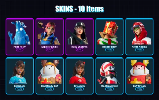[PC/XBOX/PSN] | Polar Peely | Explorer Emilie | Ruby Shadows | Holiday Boxy | Arctic Adeline | 10 skin | 15 pickaxe | 14 emote | 19 glider | Lv187