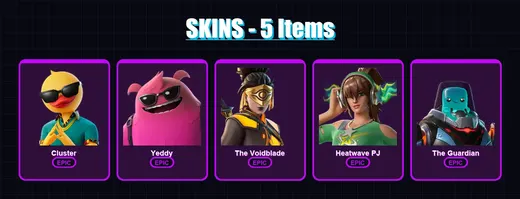 [PC/XBOX/PSN] | Cluster | Yeddy | The Voidblade | Heatwave PJ | The Guardian | 5 skin | 16 pickaxe | 14 emote | 13 glider | Lv176
