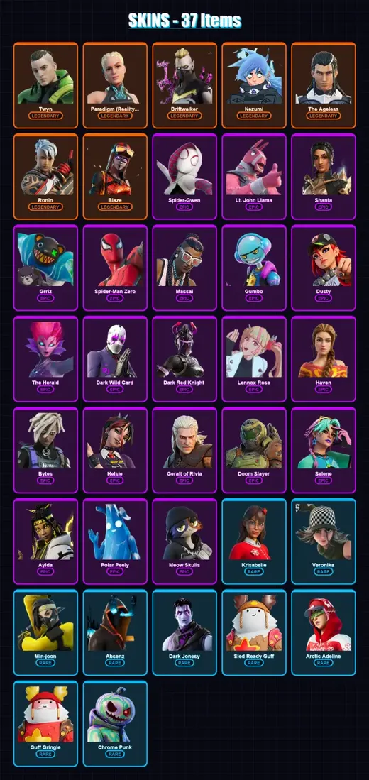 [PC/XBOX/PSN] | Twyn | Paradigm (Reality-659) | Driftwalker | Nezumi | The Ageless | 37 skin | 42 pickaxe | 31 emote | 33 glider | Lv609