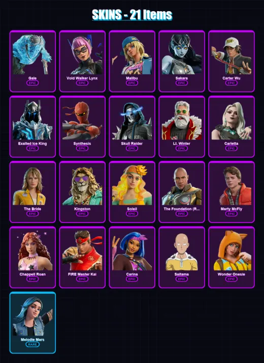 [PC/XBOX/PSN] | Gale | Void Walker Lynx | Malibu | Sakara | Carter Wu | 21 skin | 22 pickaxe | 15 emote | 8 glider | Lv65