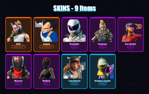 [PS4/PS5/XBOX/PC] | Drift | Vegeta | Overtaker | Huntress | Sun Strider | 9 skin | 14 pickaxe | 15 emote | 15 glider | Lv257