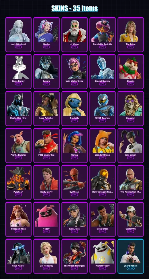 [PC/PSN] | Lady Windfrost | Dasha | Lt. Winter | Constable Sprinkle | The Bride | 35 skin | 80 pickaxe | 38 emote | 56 glider | Lv1034 — Game account