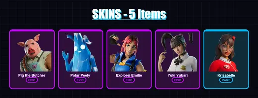 [SWITCH/XBOX/PSN/PC] | Pig the Butcher | Polar Peely | Explorer Emilie | Yuki Yubari | Krisabelle | 5 skin | 44 pickaxe | 21 emote | 32 glider | Lv4 — Game account