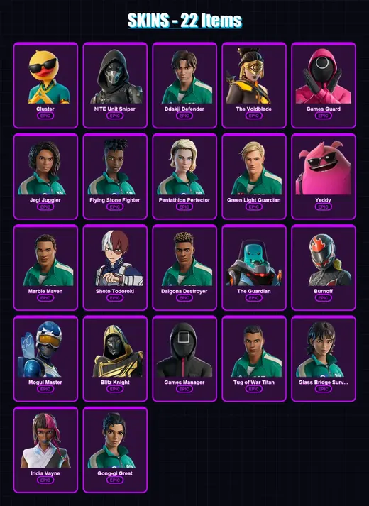 [PC/XBOX] | Cluster | NITE Unit Sniper | Ddakji Defender | The Voidblade | Games Guard | 22 skin | 37 pickaxe | 18 emote | 24 glider | Lv572