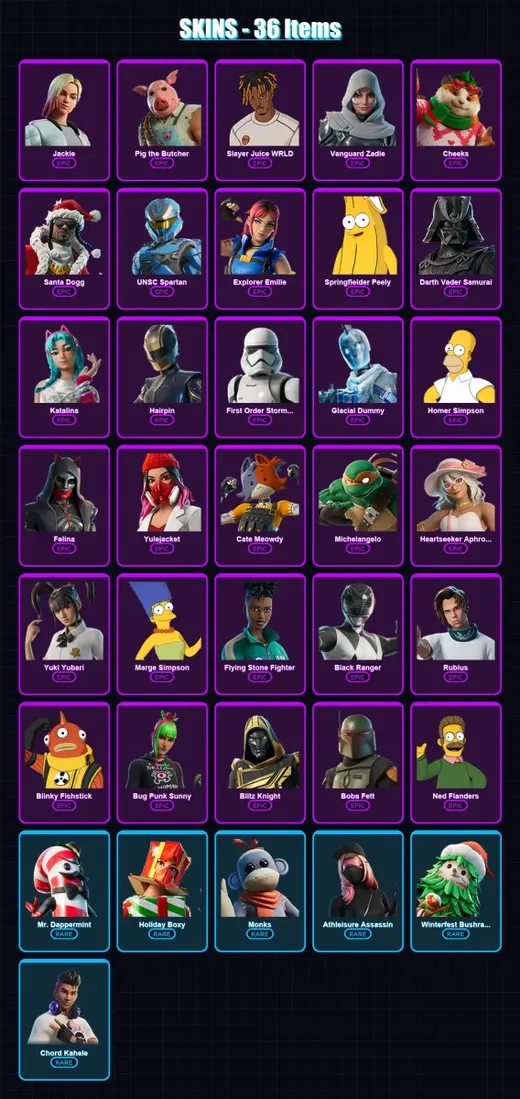 [SWITCH/XBOX/PC] | Jackie | Pig the Butcher | Slayer Juice WRLD | Vanguard Zadie | Cheeks | 36 skin | 126 pickaxe | 72 emote | 86 glider | Lv2247 — Game account