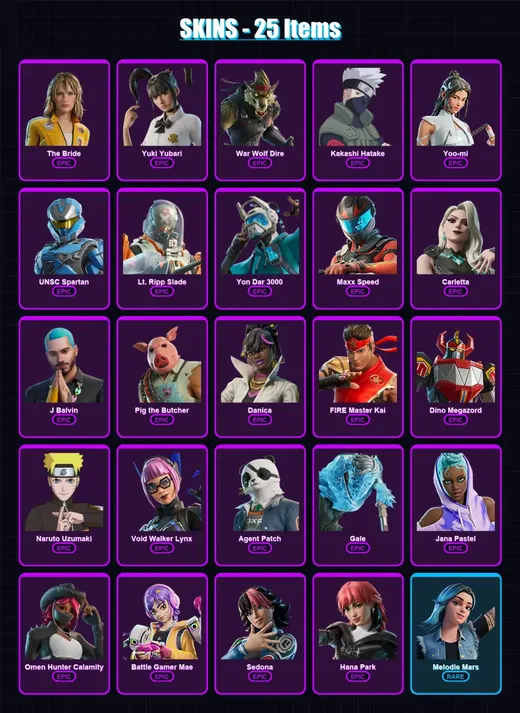 [PC/PSN] | The Bride | Yuki Yubari | War Wolf Dire | Kakashi Hatake | Yoo-mi | 25 skin | 25 pickaxe | 25 emote | 16 glider | Lv129