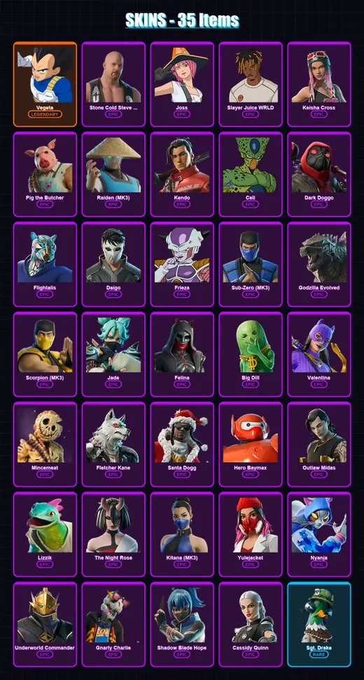 [PC/PSN] | Vegeta | Stone Cold Steve Austin | Joss | Slayer Juice WRLD | Keisha Cross | 35 skin | 87 pickaxe | 60 emote | 53 glider | Lv1362