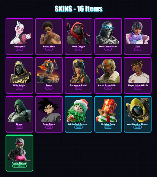[PC/XBOX/PSN] | Gwenpool | Bruno Mars | Dark Doggo | Skull Commander | Dali | 16 skin | 43 pickaxe | 18 emote | 30 glider | Lv284