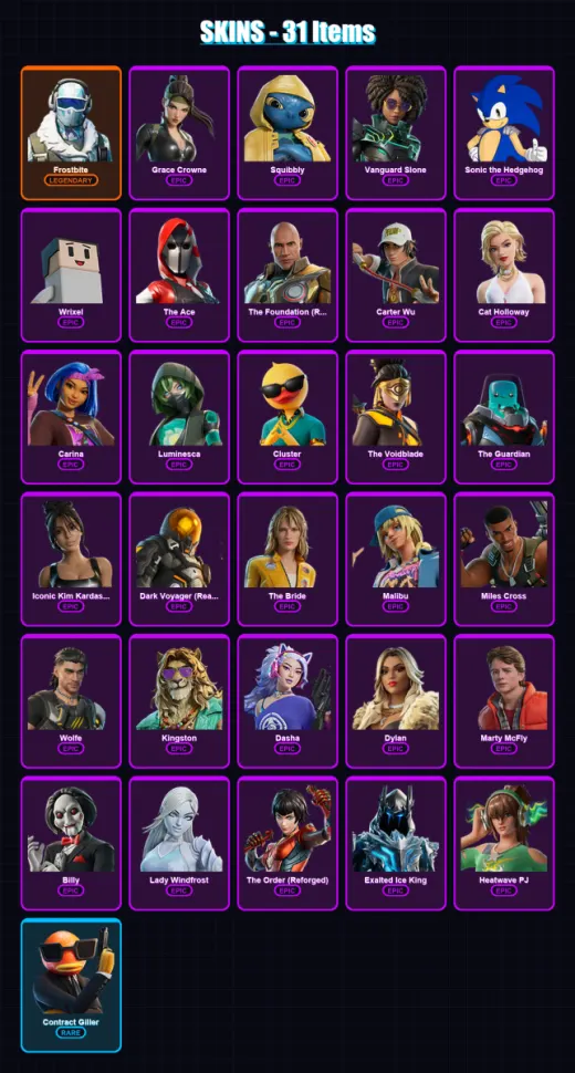 [PC/PSN] | Frostbite | Grace Crowne | Squibbly | Vanguard Slone | Sonic the Hedgehog | 31 skin | 40 pickaxe | 29 emote | 32 glider | Lv277