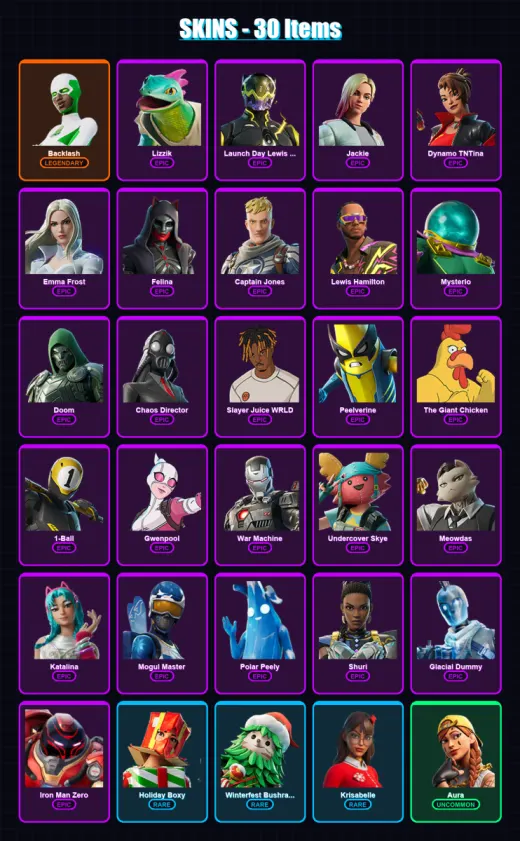 [PC/PSN] | Backlash | Lizzik | Launch Day Lewis Hamilton | Jackie | Dynamo TNTina | 30 skin | 80 pickaxe | 41 emote | 51 glider | Lv665