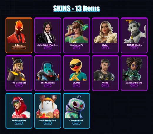 [SWITCH/PC] | Inferno | John Wick (Pen & Ink) | Heatwave PJ | Dylan | GHOST Monks | 13 skin | 28 pickaxe | 20 emote | 20 glider | Lv297