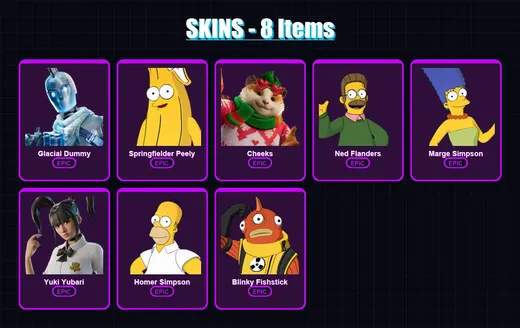 [PC/XBOX/PSN] | Glacial Dummy | Springfielder Peely | Cheeks | Ned Flanders | Marge Simpson | 8 skin | 48 pickaxe | 21 emote | 35 glider | Lv416