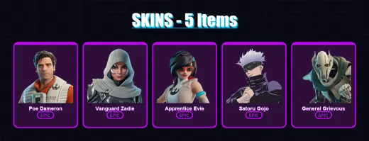 [PC/PSN] | Poe Dameron | Vanguard Zadie | Apprentice Evie | Satoru Gojo | General Grievous | 5 skin | 17 pickaxe | 9 emote | 12 glider | Lv111