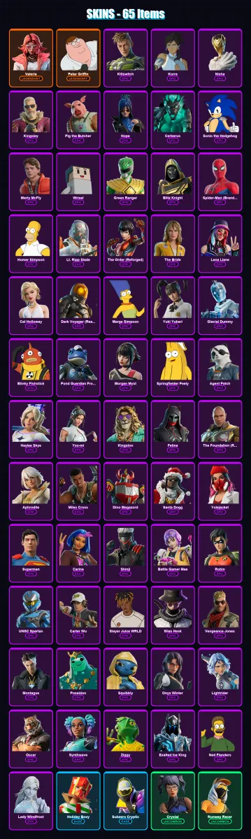[PS4/PS5/XBOX/PC] | Valeria | Peter Griffin | Killswitch | Korra | Nisha | 65 skin | 147 pickaxe | 66 emote | 94 glider | Lv1215