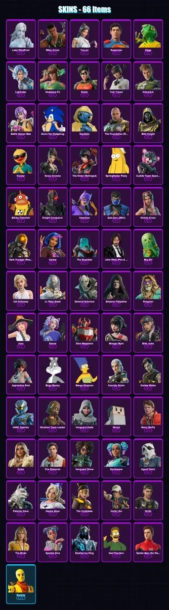 [PS4/PS5/XBOX/PC] | Lady Windfrost | Miles Cross | Yoo-mi | Superman | Ziggy | 66 skin | 111 pickaxe | 70 emote | 85 glider | Lv898