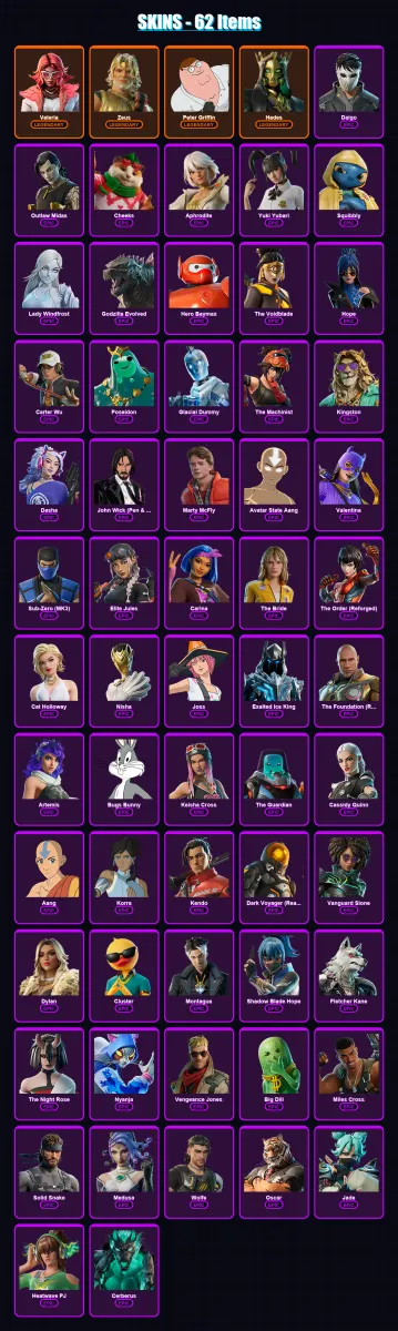 [PC/XBOX/PSN] | Valeria | Zeus | Peter Griffin | Hades | Daigo | 62 skin | 103 pickaxe | 77 emote | 87 glider | Lv2035