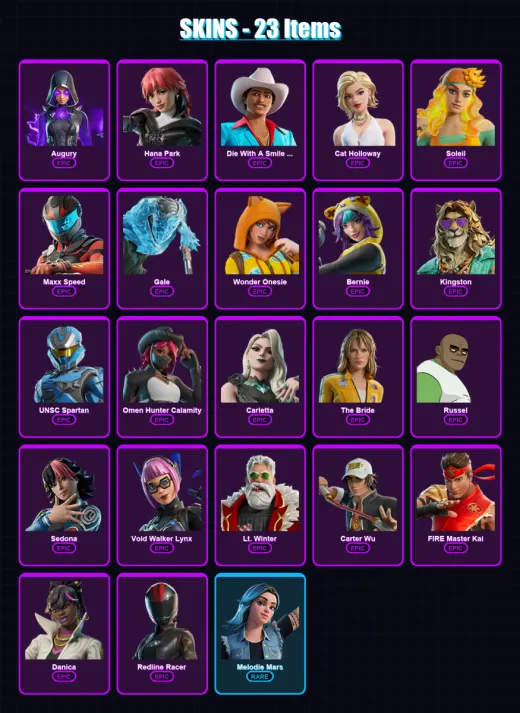 [PC/XBOX/PSN] | Augury | Hana Park | Die With A Smile Bruno | Cat Holloway | Soleil | 23 skin | 22 pickaxe | 13 emote | 11 glider | Lv63