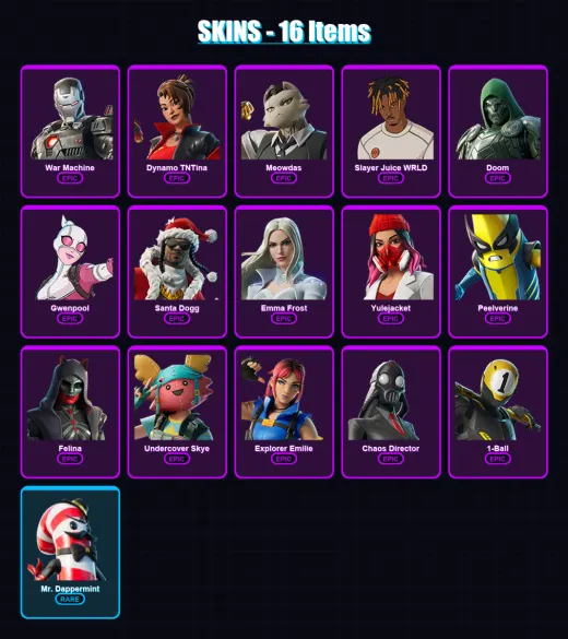 [PC/XBOX/PSN] | War Machine | Dynamo TNTina | Meowdas | Slayer Juice WRLD | Doom | 16 skin | 46 pickaxe | 29 emote | 37 glider | Lv616