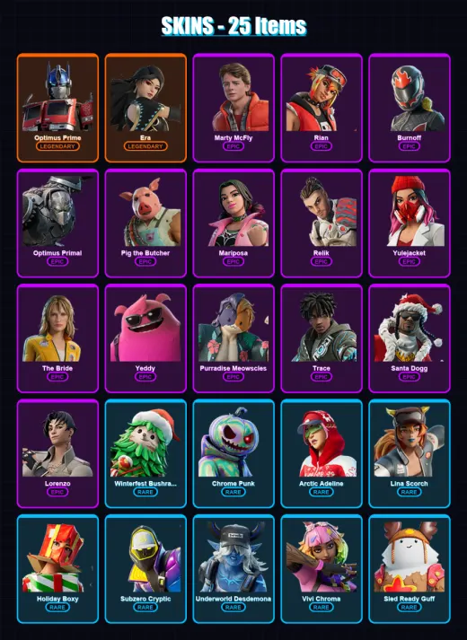 [PC/XBOX] | Optimus Prime | Era | Marty McFly | Rian | Burnoff | 25 skin | 53 pickaxe | 30 emote | 46 glider | Lv908
