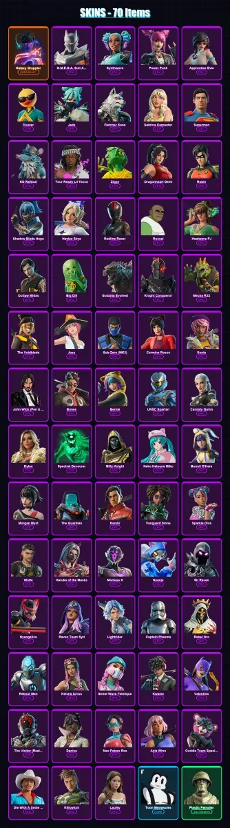 [PC] | Galaxy Grappler | O.M.E.G.A. Suit Alpha | Synthwave | Power Punk | Apprentice Evie | 70 skin | 84 pickaxe | 70 emote | 54 glider | Lv755
