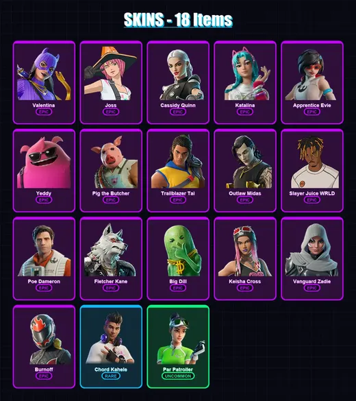 [PC/XBOX/PSN] | Valentina | Joss | Cassidy Quinn | Katalina | Apprentice Evie | 18 skin | 54 pickaxe | 27 emote | 37 glider | Lv377