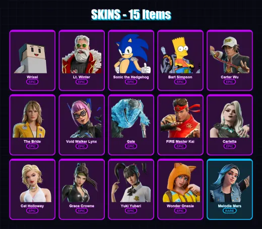 [PC] | Wrixel | Lt. Winter | Sonic the Hedgehog | Bart Simpson | Carter Wu | 15 skin | 34 pickaxe | 17 emote | 18 glider | Lv149