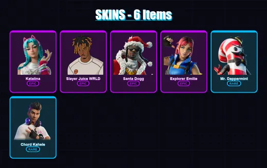 [PC/XBOX/PSN] | Katalina | Slayer Juice WRLD | Santa Dogg | Explorer Emilie | Mr. Dappermint | 6 skin | 18 pickaxe | 5 emote | 11 glider | Lv101