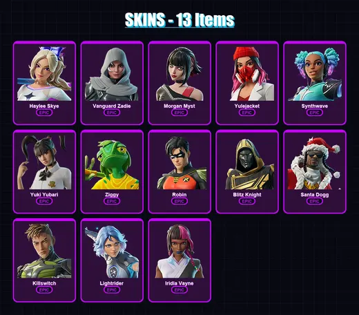 [PC/XBOX/PSN] | Haylee Skye | Vanguard Zadie | Morgan Myst | Yulejacket | Synthwave | 13 skin | 67 pickaxe | 28 emote | 41 glider | Lv583