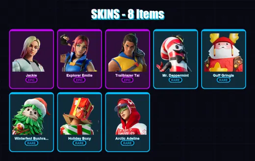 [PC/XBOX/PSN] | Jackie | Explorer Emilie | Trailblazer Tai | Mr. Dappermint | Guff Gringle | 8 skin | 6 pickaxe | 4 emote | 8 glider | Lv67