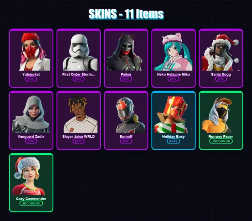 [PC/PSN] | Yulejacket | First Order Stormtrooper | Felina | Neko Hatsune Miku | Santa Dogg | 11 skin | 66 pickaxe | 31 emote | 48 glider | Lv1249