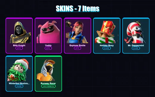 [PC/XBOX/PSN] | Blitz Knight | Yeddy | Explorer Emilie | Holiday Boxy | Mr. Dappermint | 7 skin | 14 pickaxe | 13 emote | 18 glider | Lv247