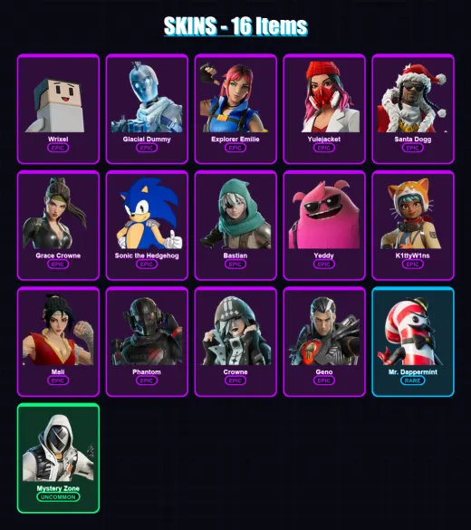 [PS4/PS5/XBOX/PC] | Wrixel | Glacial Dummy | Explorer Emilie | Yulejacket | Santa Dogg | 16 skin | 55 pickaxe | 22 emote | 38 glider | Lv493