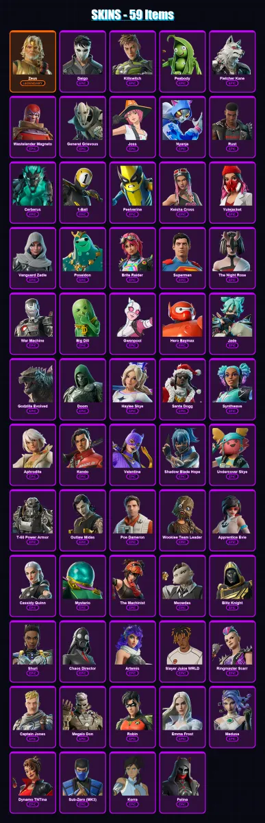 [PC/PSN] | Zeus | Daigo | Killswitch | Peabody | Fletcher Kane | 59 skin | 103 pickaxe | 69 emote | 75 glider | Lv945