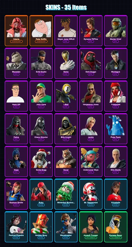 [PC/XBOX/PSN] | Valeria | Peter Griffin | Slayer Juice WRLD | Dynamo TNTina | Master Chief | 35 skin | 79 pickaxe | 59 emote | 65 glider | Lv1206