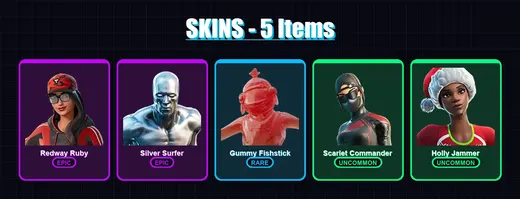 [PC/XBOX/PSN] | Redway Ruby | Silver Surfer | Gummy Fishstick | Scarlet Commander | Holly Jammer | 5 skin | 14 pickaxe | 5 emote | 9 glider | Lv100
