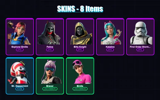 [PC/XBOX/PSN] | Explorer Emilie | Felina | Blitz Knight | Katalina | First Order Stormtrooper | 8 skin | 24 pickaxe | 10 emote | 14 glider | Lv405