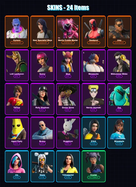 [PC/XBOX/PSN] | Kymera | Gear Specialist Maya | Mecha Cuddle Master | Deadpool | Joey | 24 skin | 40 pickaxe | 22 emote | 33 glider | Lv349