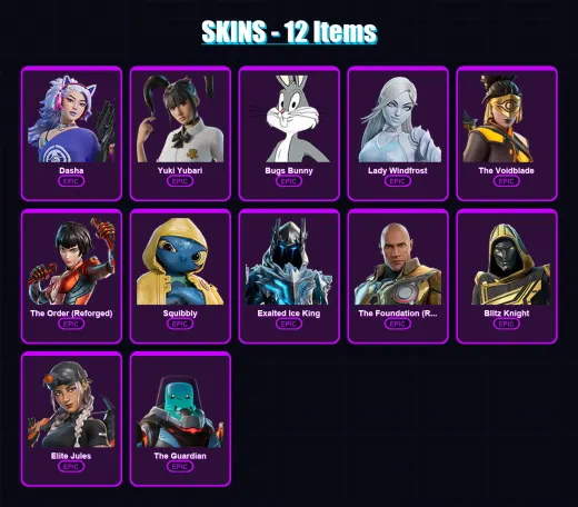 [PC/PSN] | Dasha | Yuki Yubari | Bugs Bunny | Lady Windfrost | The Voidblade | 12 skin | 49 pickaxe | 20 emote | 35 glider | Lv325