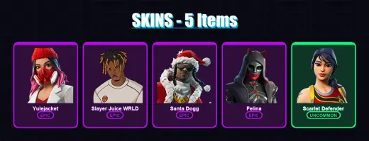[PC/XBOX] | Yulejacket | Slayer Juice WRLD | Santa Dogg | Felina | Scarlet Defender | 5 skin | 39 pickaxe | 18 emote | 29 glider | Lv550