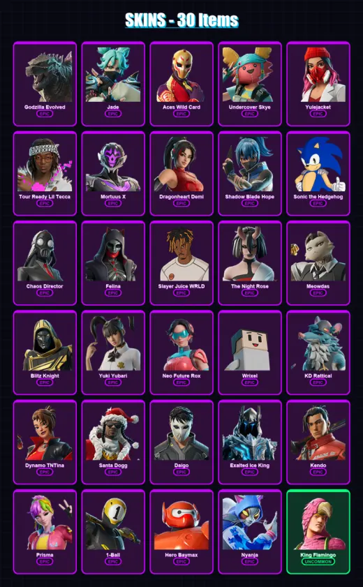 [PS4/PS5/XBOX/PC] | Godzilla Evolved | Jade | Aces Wild Card | Undercover Skye | Yulejacket | 30 skin | 88 pickaxe | 41 emote | 59 glider | Lv972