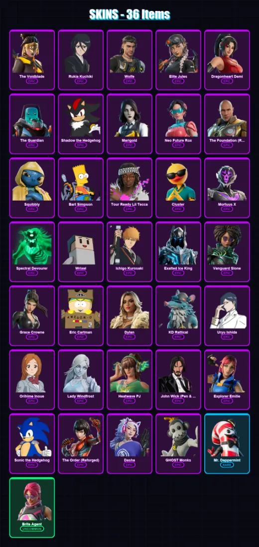 [PS4/PS5/XBOX/PC] | The Voidblade | Rukia Kuchiki | Wolfe | Elite Jules | Dragonheart Demi | 36 skin | 42 pickaxe | 23 emote | 27 glider | Lv348