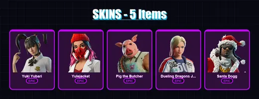 [PC/XBOX/PSN] | Yuki Yubari | Yulejacket | Pig the Butcher | Dueling Dragons Jackie | Santa Dogg | 5 skin | 32 pickaxe | 13 emote | 24 glider | Lv20