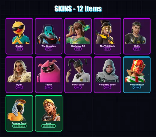 [PC/XBOX] | Cluster | The Guardian | Heatwave PJ | The Voidblade | Wolfe | 12 skin | 40 pickaxe | 25 emote | 34 glider | Lv487 — Game account