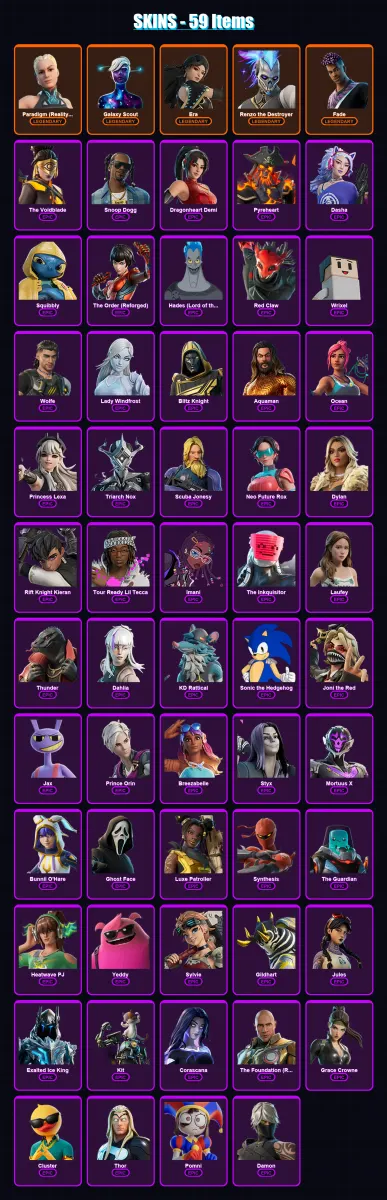 [PC/XBOX] | Paradigm (Reality-659) | Galaxy Scout | Era | Renzo the Destroyer | Fade | 59 skin | 76 pickaxe | 60 emote | 38 glider | Lv392