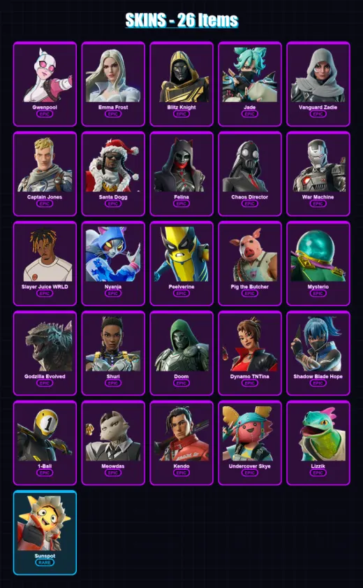[SWITCH/PSN/PC] | Gwenpool | Emma Frost | Blitz Knight | Jade | Vanguard Zadie | 26 skin | 76 pickaxe | 38 emote | 51 glider | Lv641